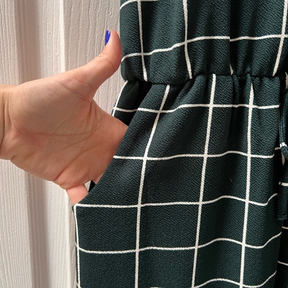 🟩 Dark Green Plaid Jumpsuit Playsuit Grid Pattern Geometric Stripe Cut Out Back - Picture 12 of 12